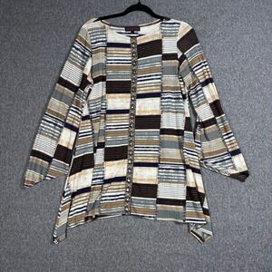 Mishca Womens Patchwork Striped Ribbed Tunic Top Brown Blue Sharkbite Hem Medium